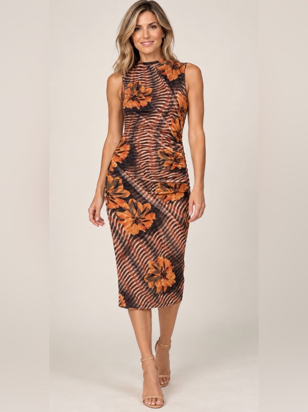 Semi & Cade Sleeveless Floral-Print Midi Dress in Orange and Brown
